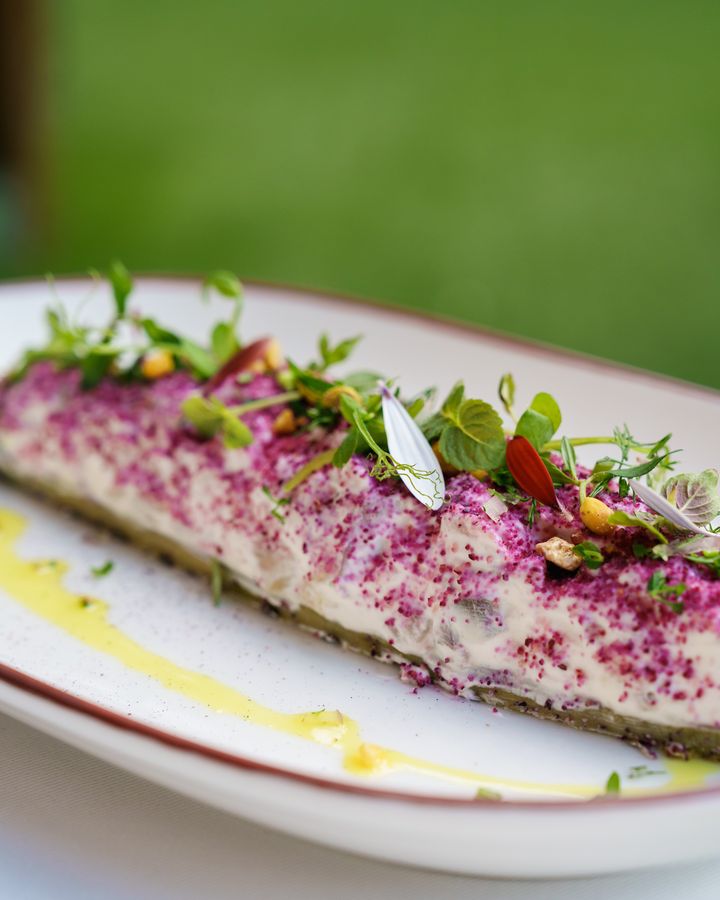 Uzun beyaz tabakta zeytinyağlı bir meze, üzerinde pembe süsleme